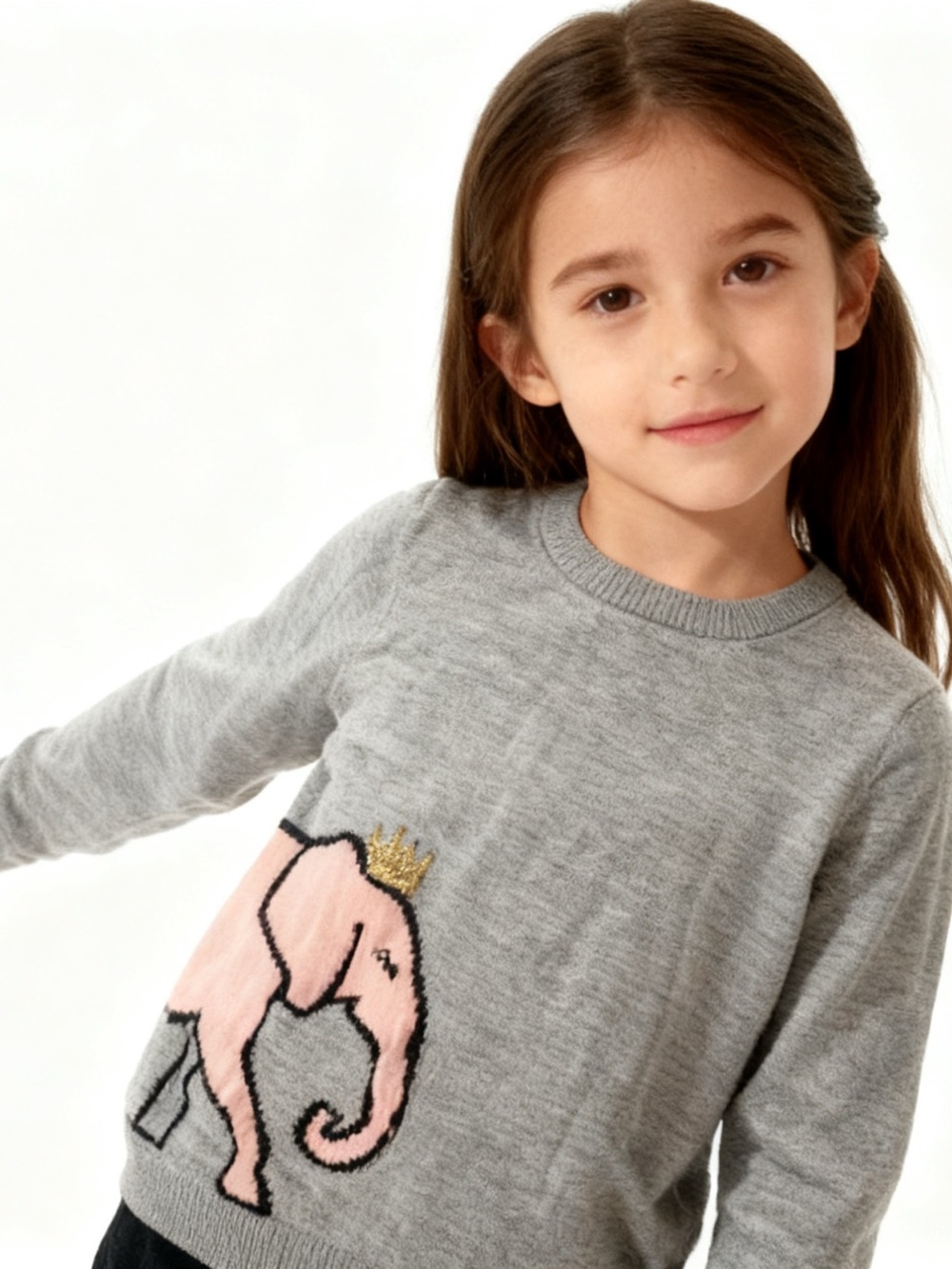 Milli Minis Kids Crewneck Sweater with Pink Elephant Graphic - Gray